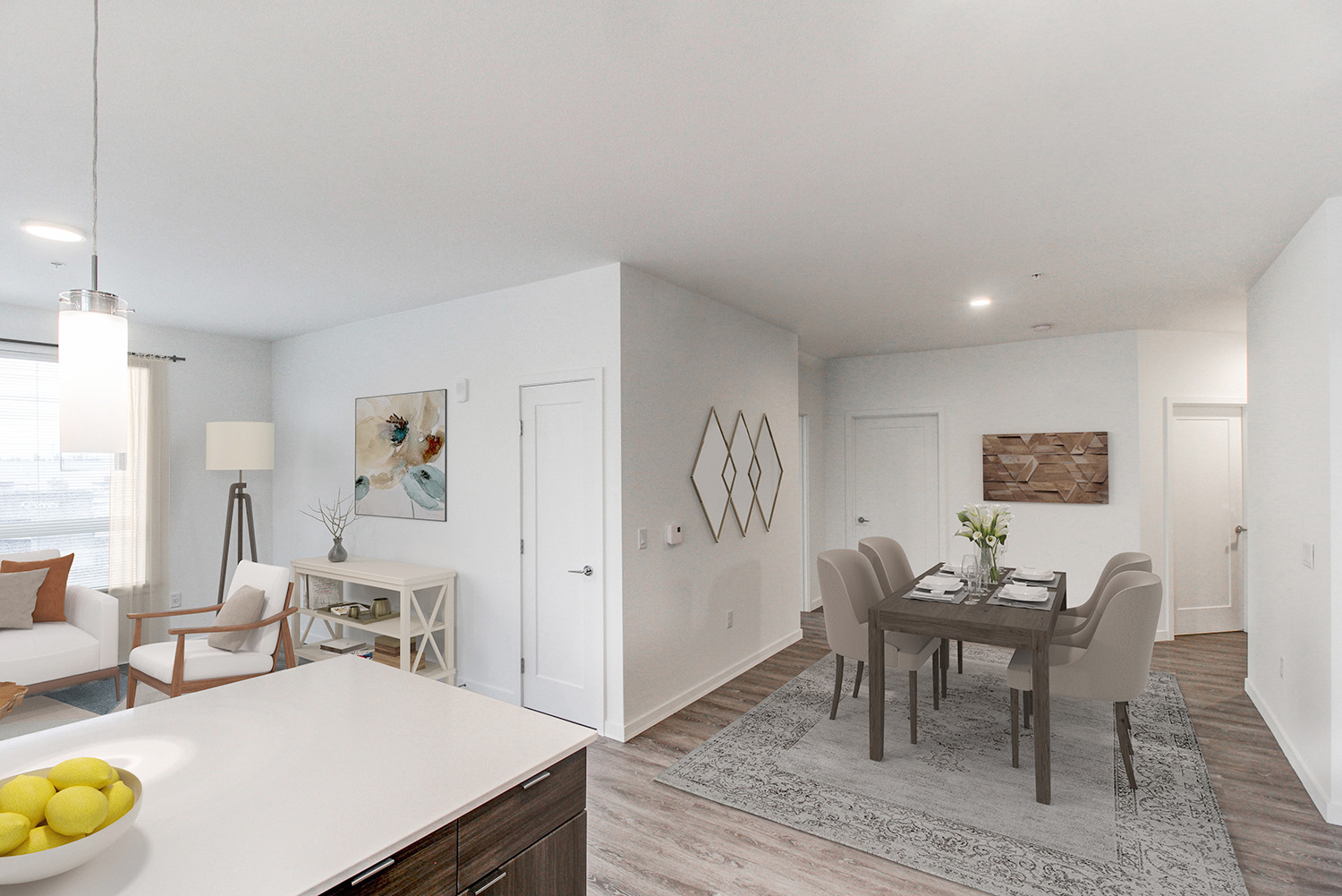 Dining room and living room area at The Woods at Alderwood in Lynnwood, WA.