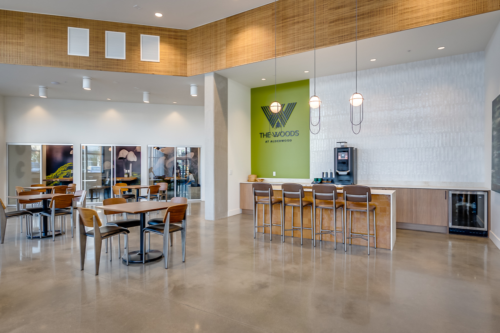 Business center with coffee bar at The Woods at Alderwood in Lynnwood, WA.